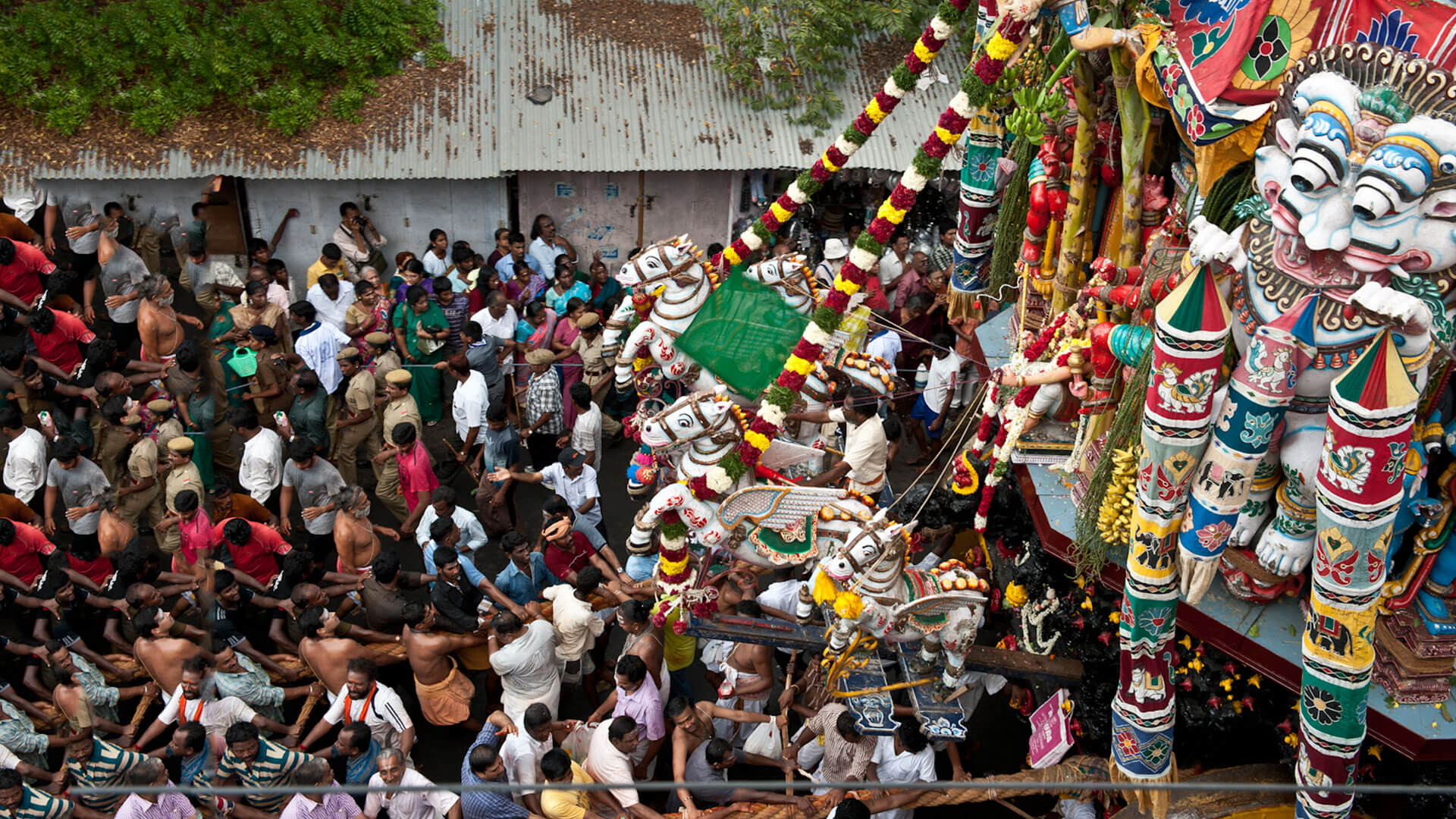 Colourful temple chariot or procession during a South Indian utsavam